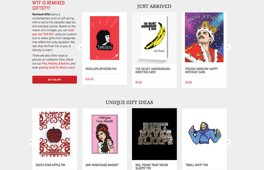 Remixed Gifts Website Homepage; Below header view